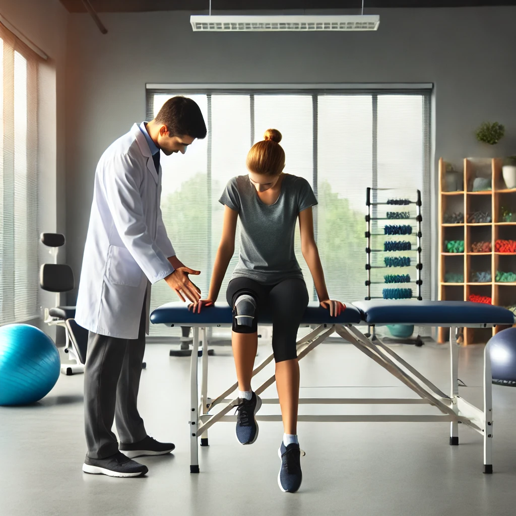 DALL·E 2025 01 28 17.09.57 A professional rehabilitation setting focused on knee recovery. The scene includes a physical therapist guiding a patient through knee exercises. The